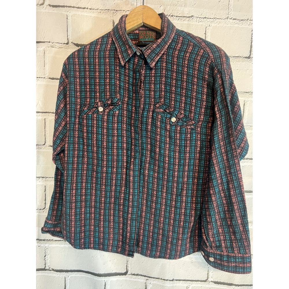 Vintage 90s Grass Roots Terramar Shirt S Teal Rust Striped Grunge Gorpcore